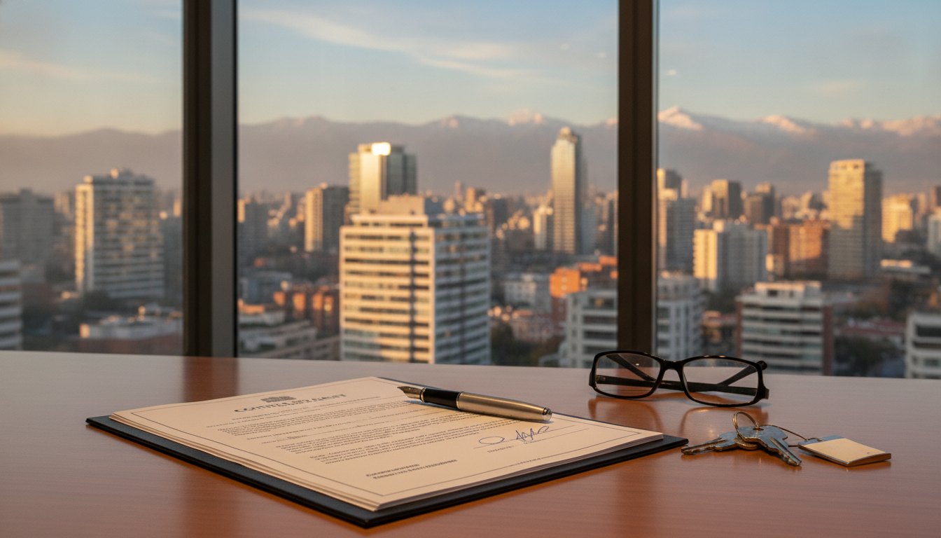 Escritura de compraventa con lápiz y llaves de un departamento sobre un escritorio, con el skyline de Santiago y la cordillera de fondo